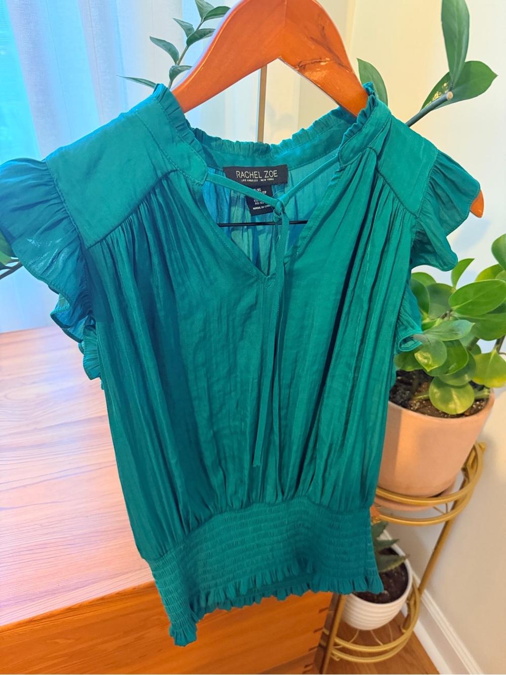 Rachel Zoe Teal Ruffle Sleeve Tie-Neck Blouse
